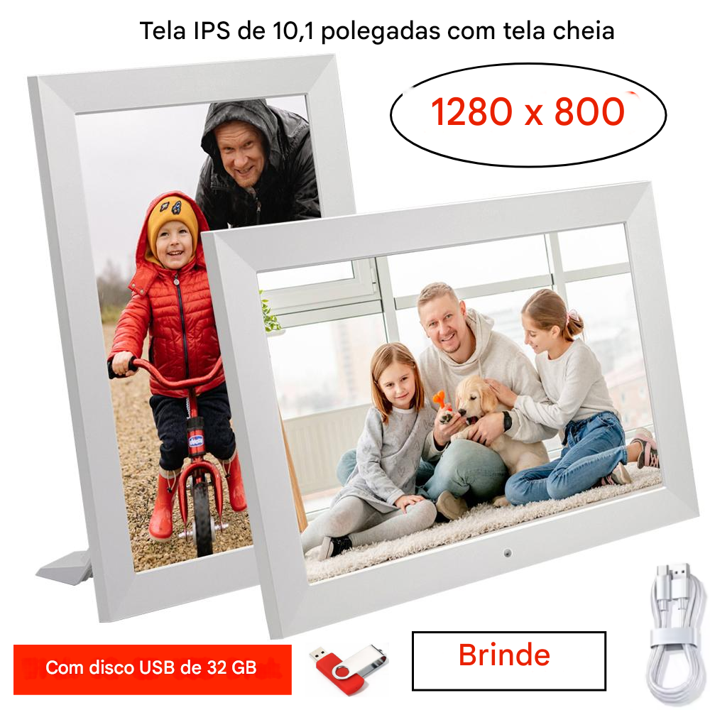 Porta-Retrato Digital 10.1” HD com Controle Remoto – Tela IPS 1280x800, Relógio, Calendário e Reprodução de Imagens e Vídeos
