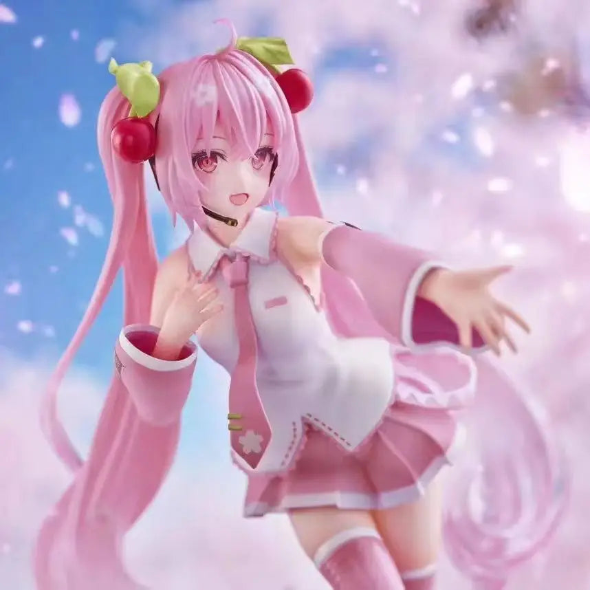 Figura de um personagem de anime Hatsune Miku Sakura com cabelo rosa e roupa rosa, com fundo celestial e neve, em pose alegre.
