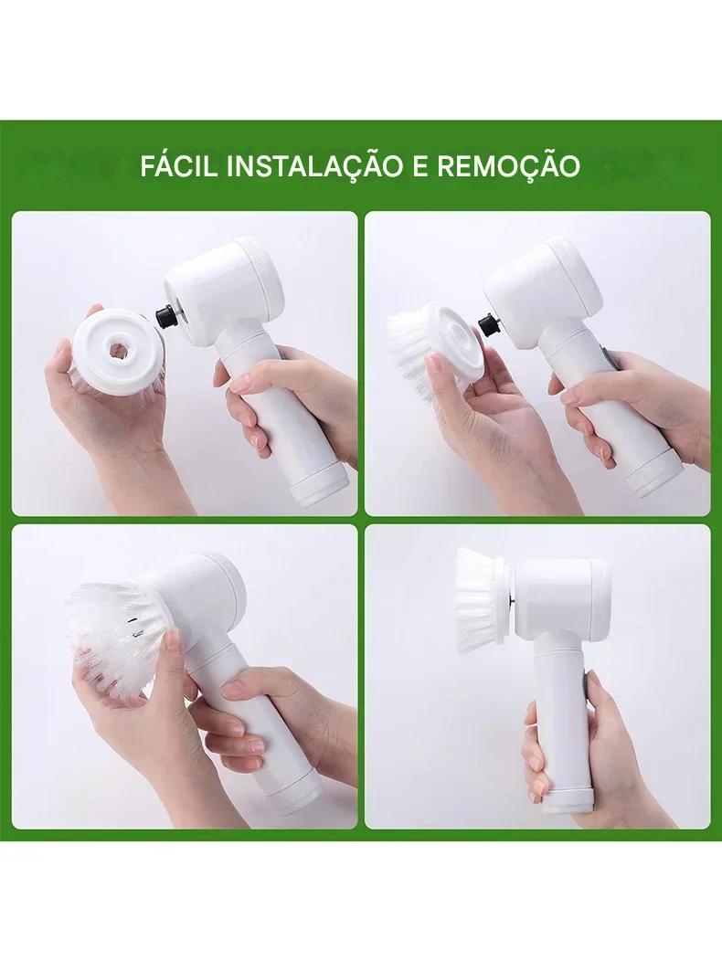 Imagem demonstrativa da escova de limpeza elétrica com fácil instalação e remoção, mostrando os passos de montagem e desmontagem do dispositivo.