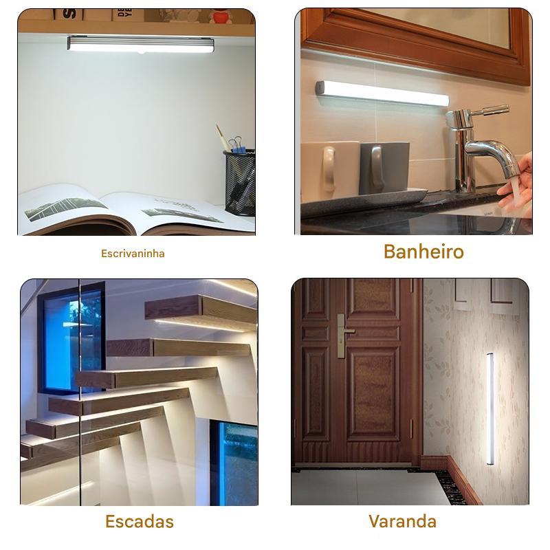Imagem mostrando decoração moderna de ambientes internos, incluindo uma escrivaninha organizada, banheiro com pia de bancada, escadas com embutido de iluminação e uma varanda bem iluminada. Ideal para inspirações de iluminação em design de interiores.