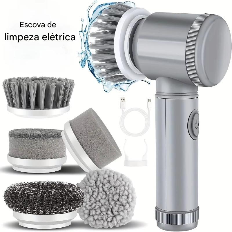 Imagem de escova de limpeza elétrica com várias cabeças de limpeza em diferentes formatos e materiais, ideal para limpeza doméstica eficiente e versátil.