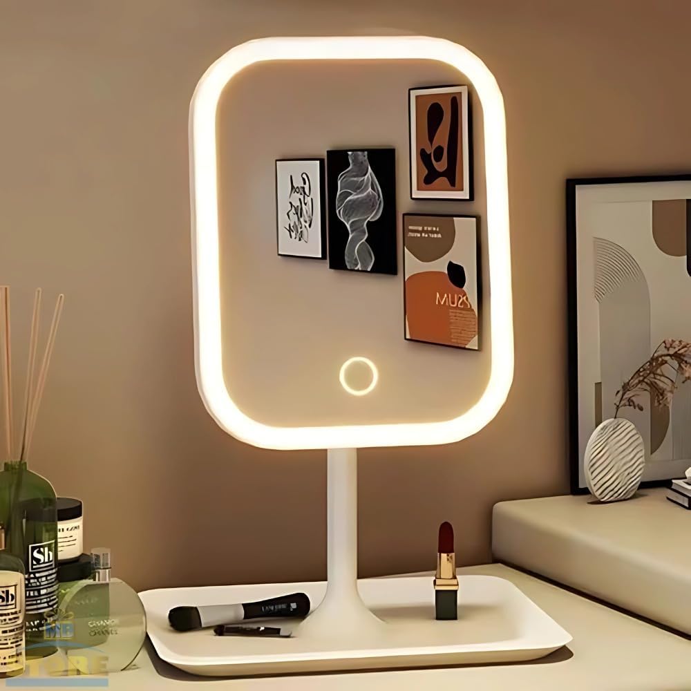 Espelho LED com moldura retangular iluminada em quarto com parede decorada, exibe acessórios de maquiagem, maquiagem e obras de arte na parede.