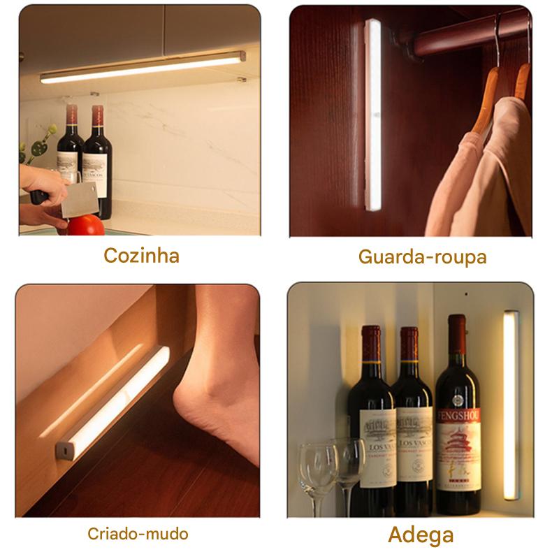 Iluminação de LED moderna em diferentes ambientes: cozinha, guarda-roupa, criado-mudo e adega, destacando a versatilidade do uso de luzes LED.