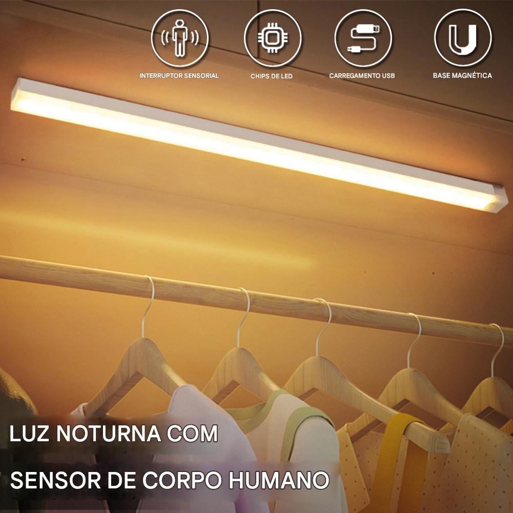 Iluminação de luz noturna com sensor de corpo humano, ideal para ambientes internos e externos, criando um ambiente confortável. Acompanha cabo USB, chips de LED e base magnética.
