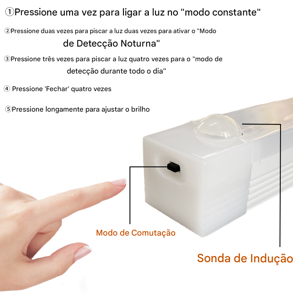 Instruções em português para ligar e ajustar luz em um dispositivo de detecção noturna, destacando o modo de comutação e a sonda de indução.