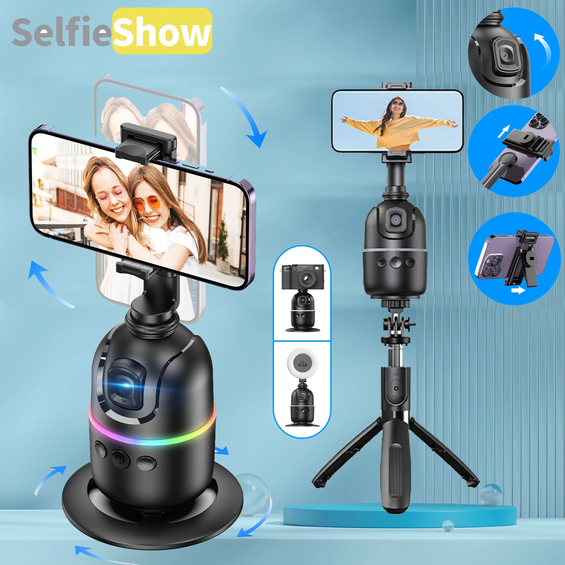 Kit de selfie show com tripé, câmera portátil, controle remoto, suporte de celular e drone para gravação de vídeos e fotos com alta qualidade.