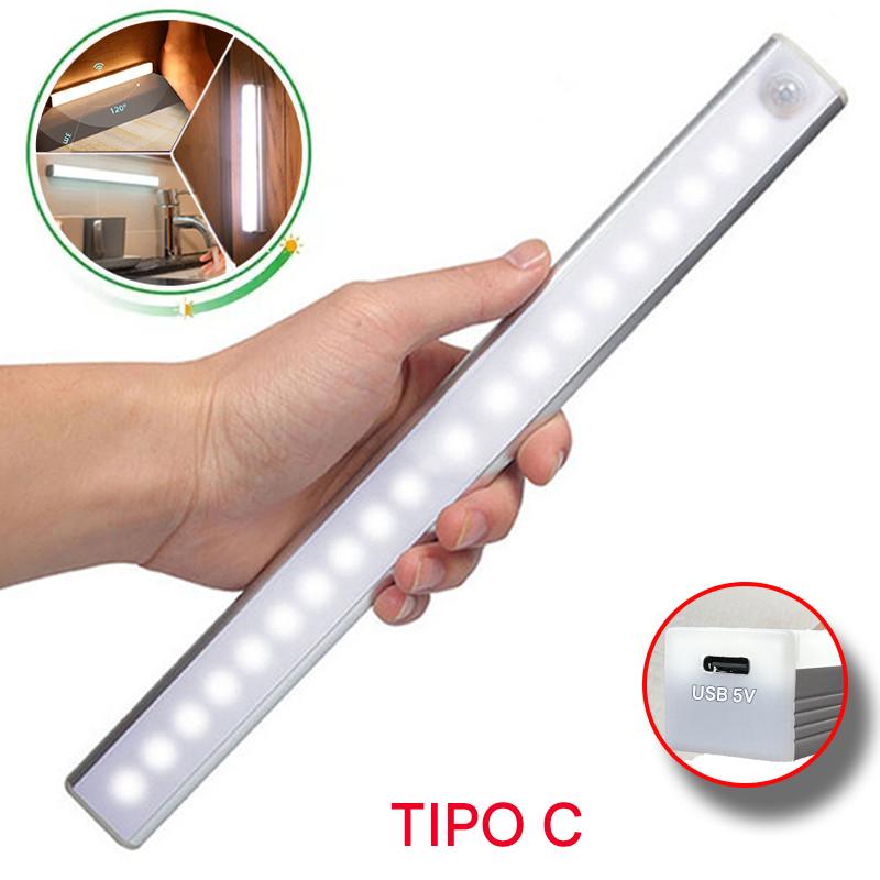 Luminária com sensor de movimento e LED inteligente, carregamento USB 5V, ideal para banheiro, iluminação eficiente e design moderno.