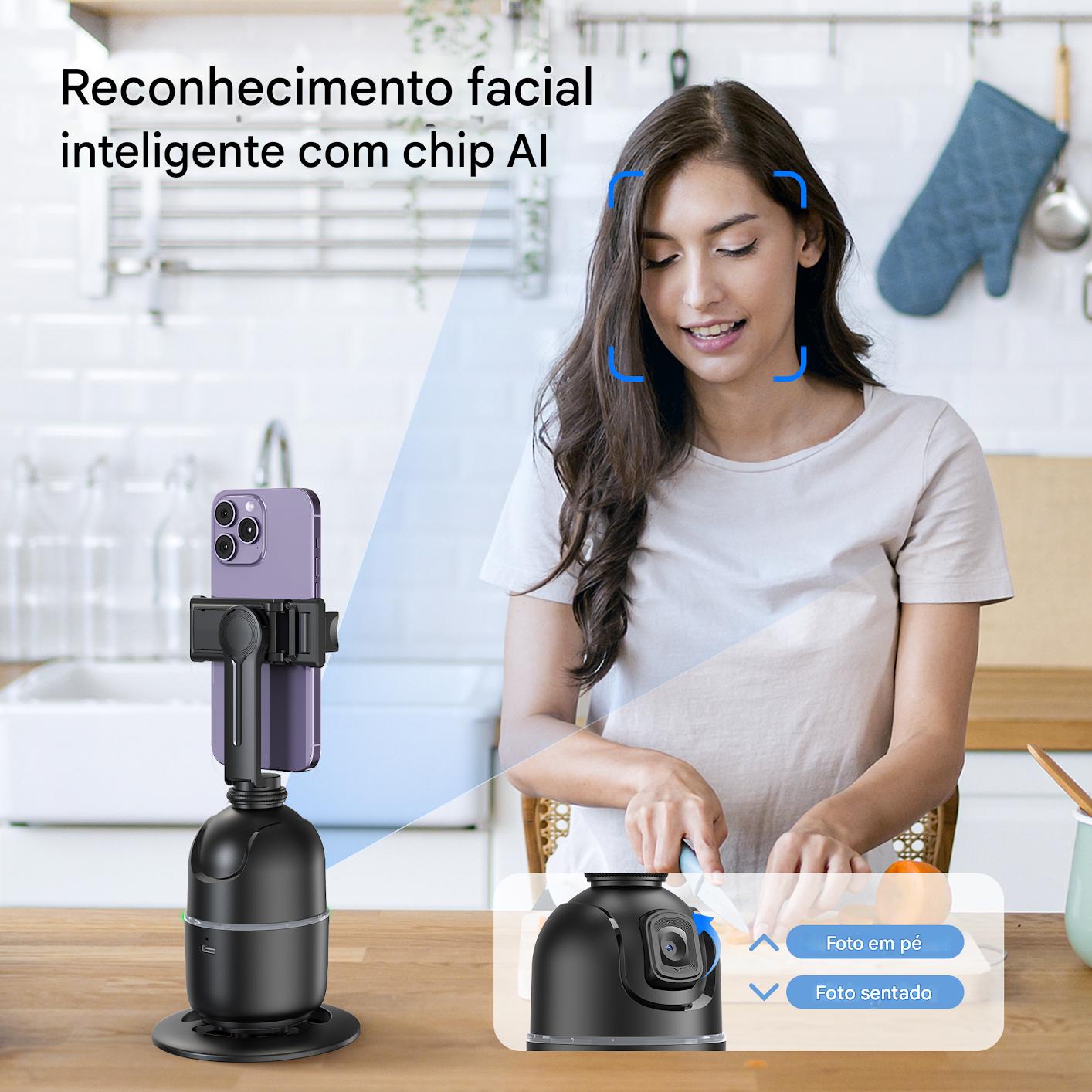 Reconhecimento facial inteligente com chip AI no suporte de celular, mostrando como usar a tecnologia para verificações faciais precisas e rápidas.