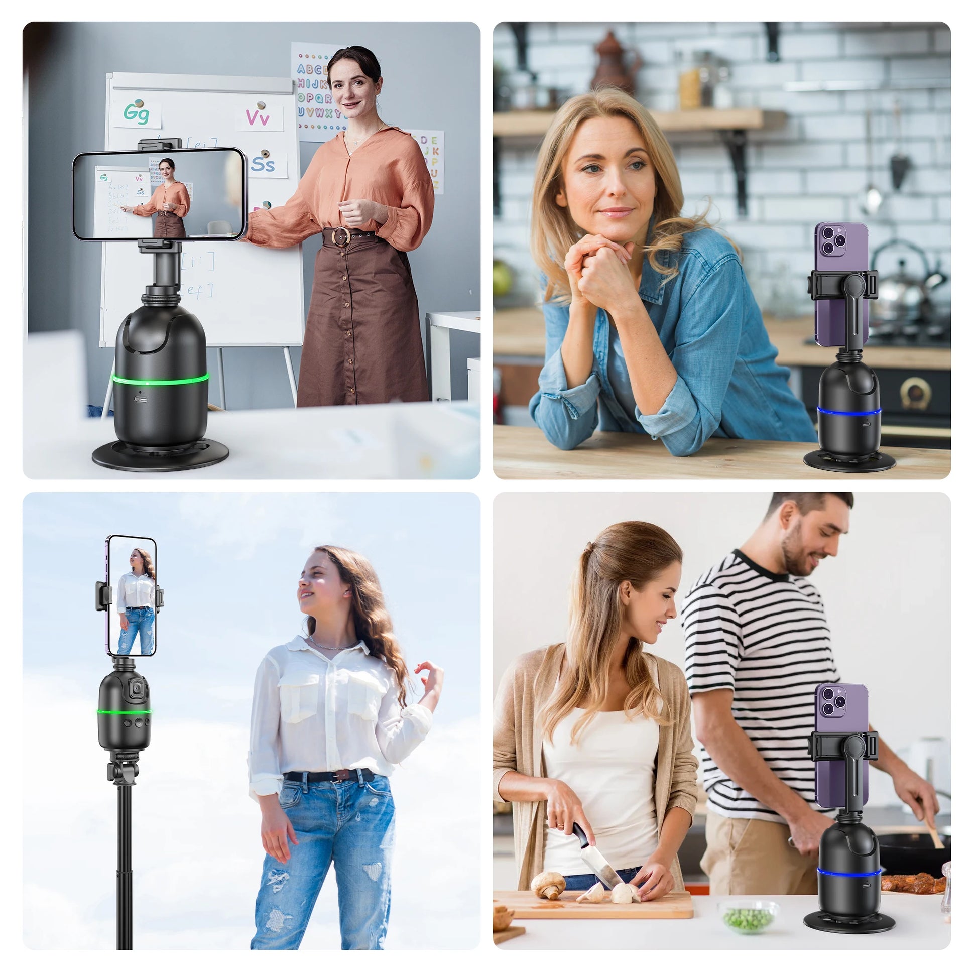 Diferentes pessoas usando um robô de selfie portátil para tirar fotos em diversos ambientes em 360 graus, incluindo sala de aula, cozinha e ao ar livre, mostrando a versatilidade do equipamento.
