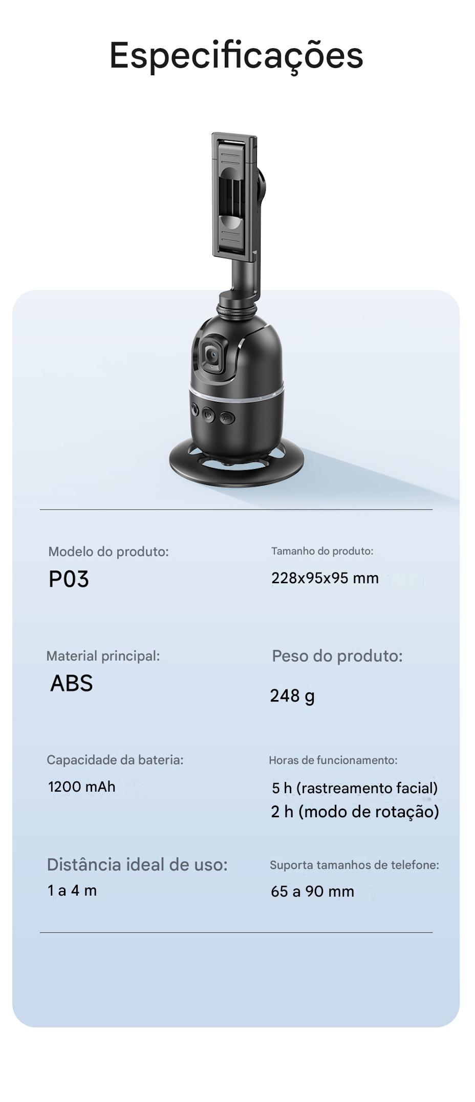 Suporte de celular portátil com especificações técnicas detalhadas, incluindo modelo P03, tamanho, material ABS, capacidade da bateria e uso ideal.