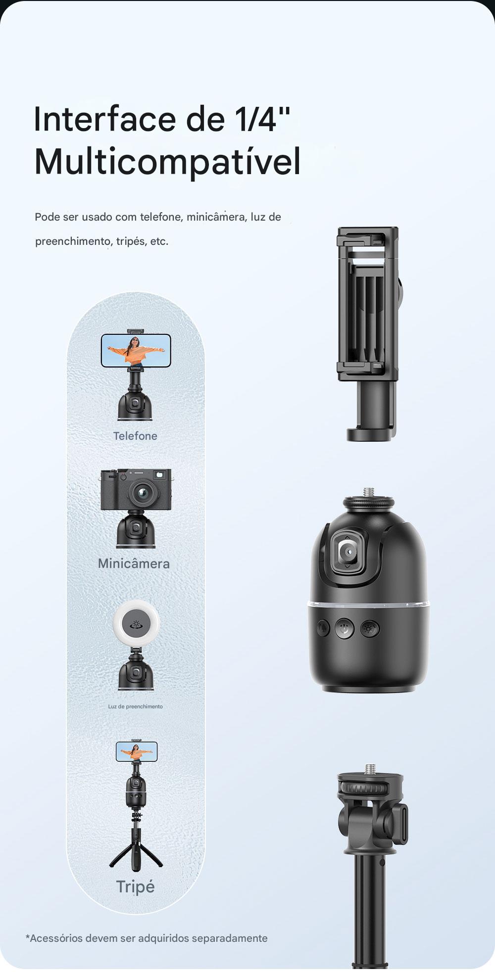 Imagem de um suporte de celular de 1/4'' multicampatível para telefone, câmera e iluminação, ideal para selfies, vídeos e transmissões ao vivo.