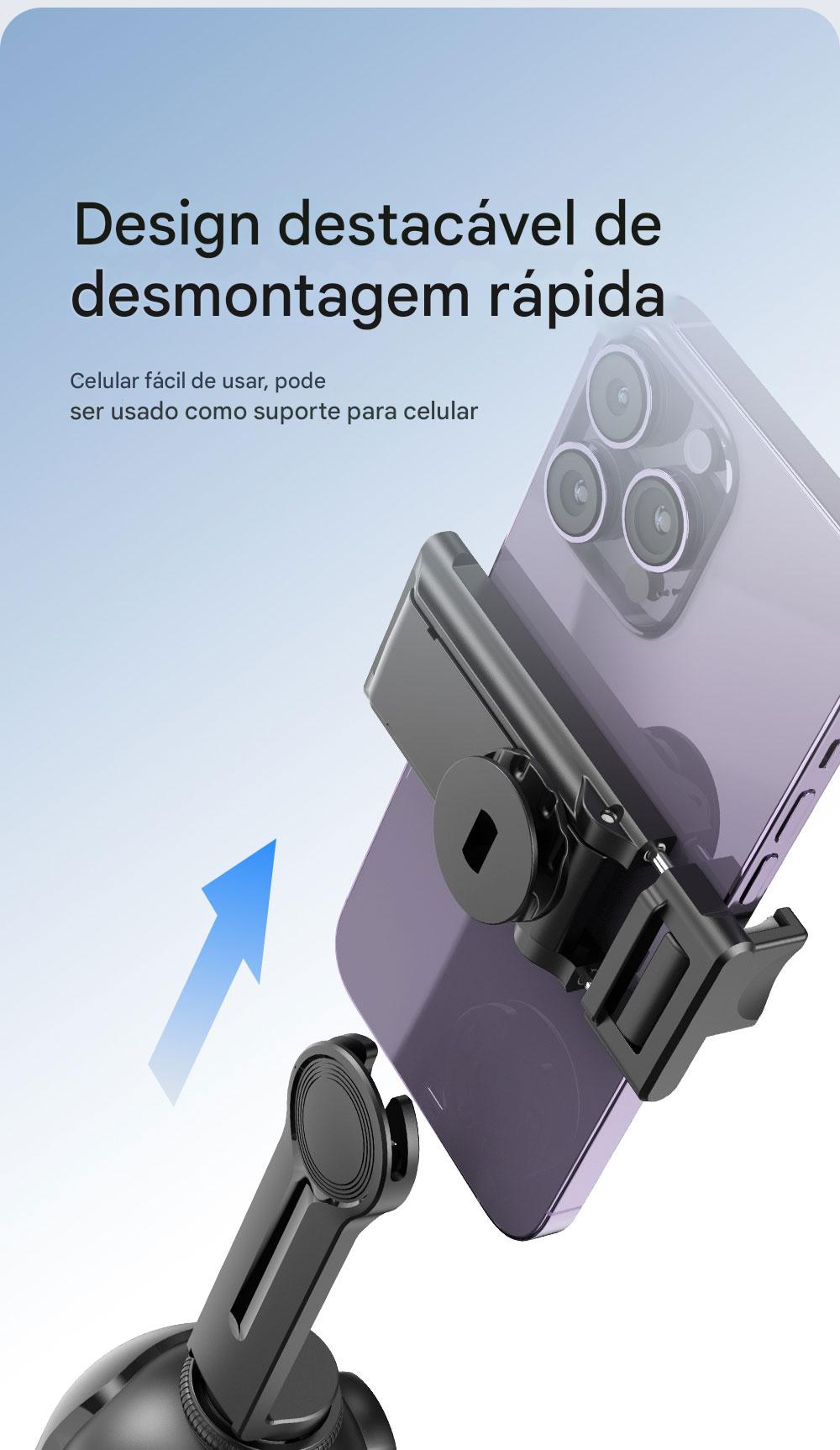 Suporte para celular de montagem rápida com design destacável e fácil uso, ideal como suporte para celular em veículos ou escritórios.