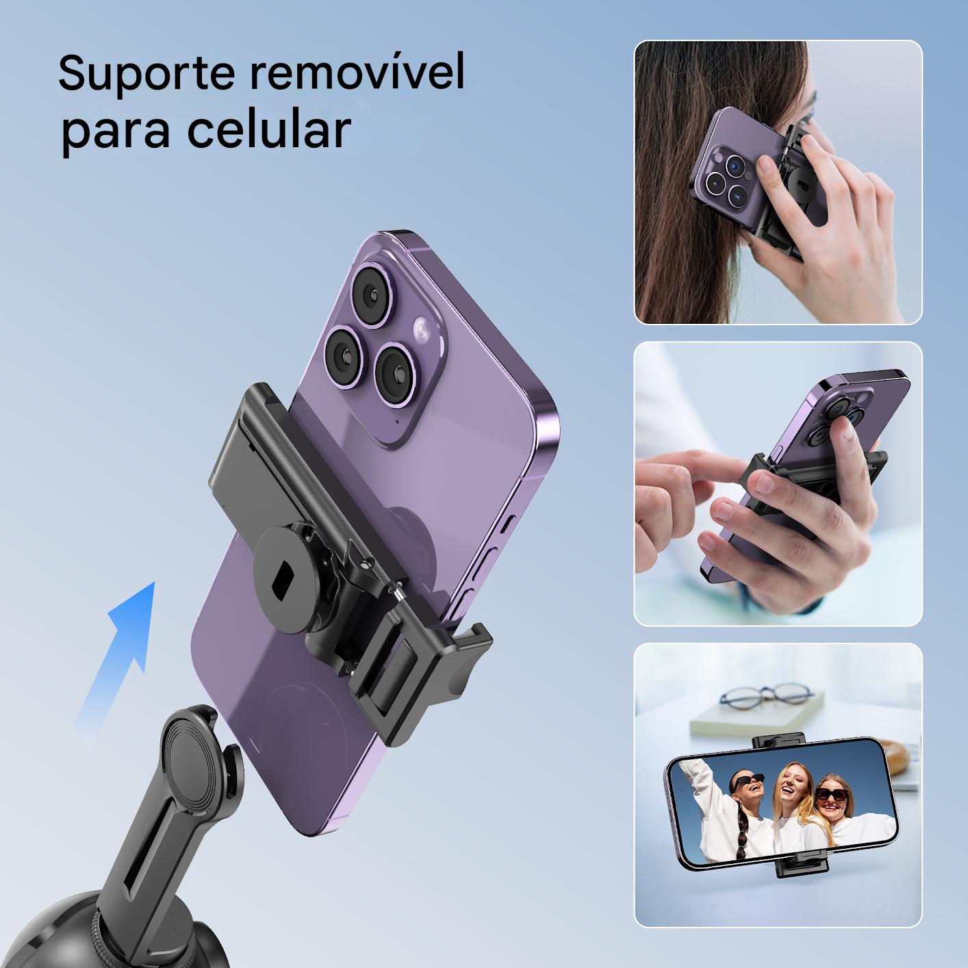 Suporte removível para celular segurando um smartphone com câmera tripla, usado em diferentes situações, como para tirar selfies, vídeos ou vídeo chamadas.