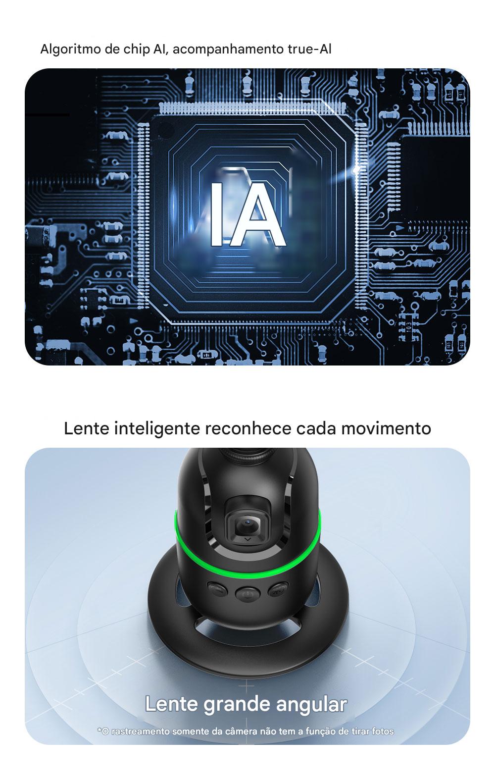 Imagem ilustrativa mostrando a tecnologia de inteligência artificial (IA) integrada em chips de computador e câmeras de movimento com reconhecimento inteligente.