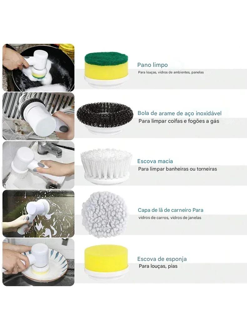Kit de cabeças para escova elétrica de limpeza multifuncional que inclui esponja verde para louças, bola de aço inox para fogões, escova macia para banheiros, capa de lã para vidros de carro e esponja de fibras para pratos.