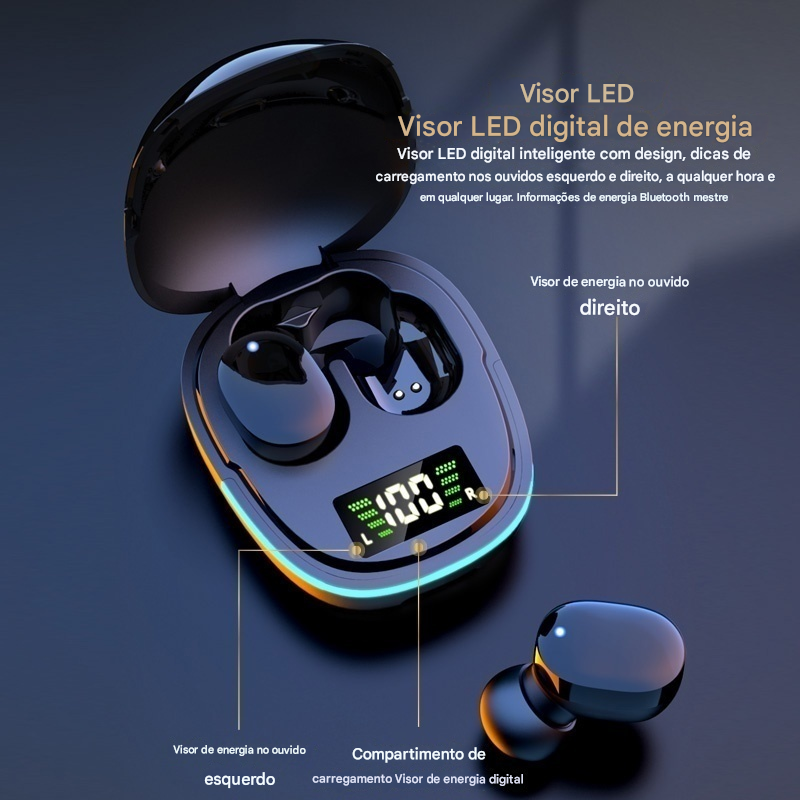 Imagem de fones de ouvido sem fio em estojo aberto com indicação de energia. Um visor LED digital de energia para fones de ouvido, com display inteligente de carregamento e informações de energia Bluetooth.