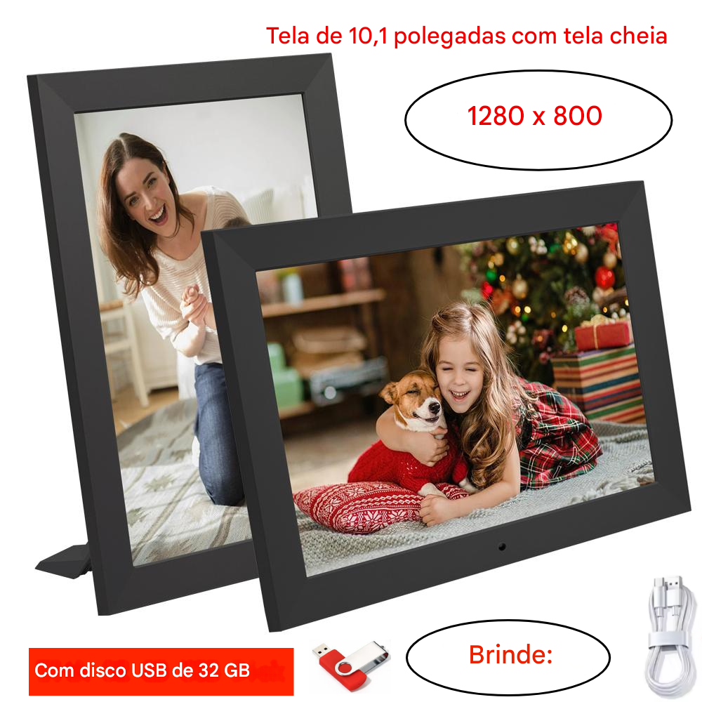 Porta-Retrato Digital 10.1” HD com Controle Remoto – Tela IPS 1280x800, Relógio, Calendário e Reprodução de Imagens e Vídeos