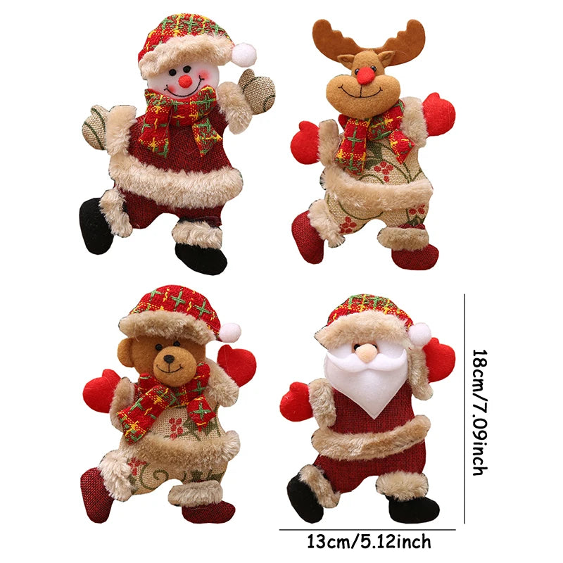 Conjunto de 4 bonecos de Natal fofos e decorativos, incluindo Papai Noel, rena e ursinho com roupas natalinas tradicionais, ideais para decoração festiva.