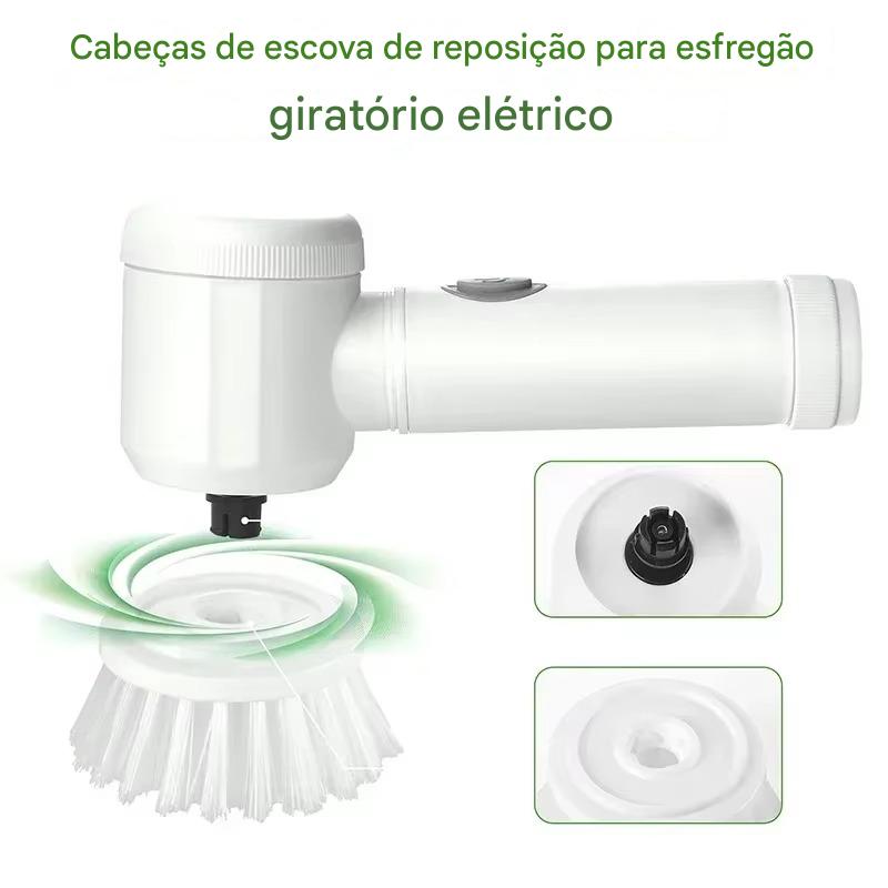 Cabeças de escova de reposição para esfregão giratório elétrico mostrando o produto e suas partes, com design branco e detalhes em preto, indicado para limpeza eficiente.