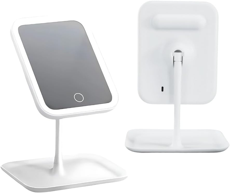 Espelho de maquiagem com iluminação LED e suporte ajustável, ideal para uso em penteados, cuidados com a pele e maquiagem, na cor branca.