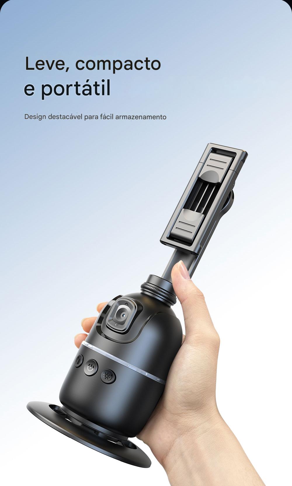 Estabilizador de celular portátil, leve e compacto, ideal para fácil gravação, com controle de velocidade e design moderno.