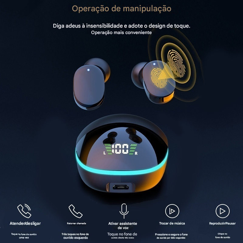 Fones de ouvido Bluetooth com sensor de toque e visor digital exibindo funções como atender chamadas, ativar assistente de voz, trocar música e pausar.
