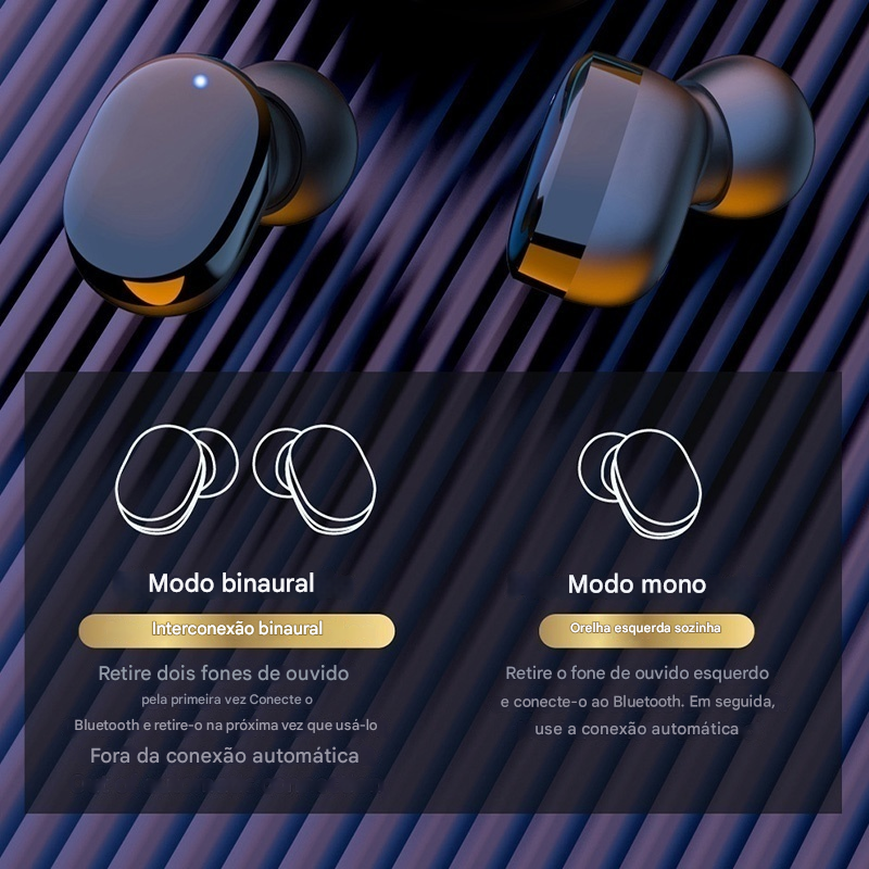 Fones de ouvido true wireless com tecnologia de conexão Bluetooth, destaque para o modo binaural e mono, apresentados sobre uma superfície escura com linhas diagonais.