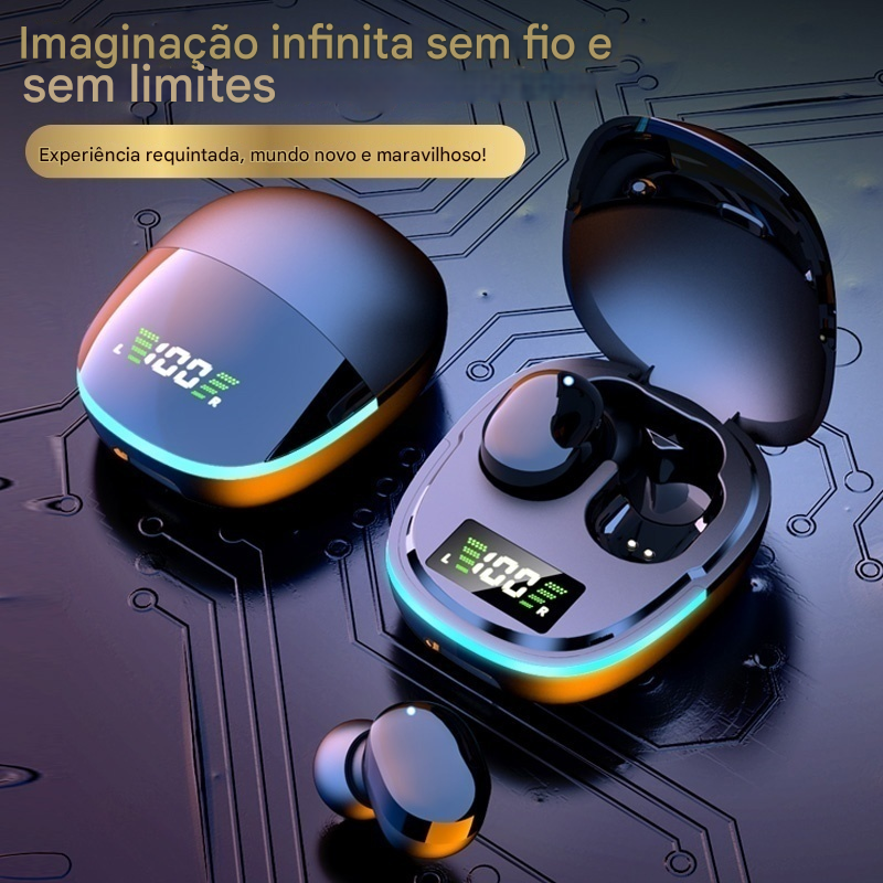 Fones de ouvido wireless com design futurista e iluminação LED em estojo de carregamento, destacando inovação tecnológica e experiência musical avançada.