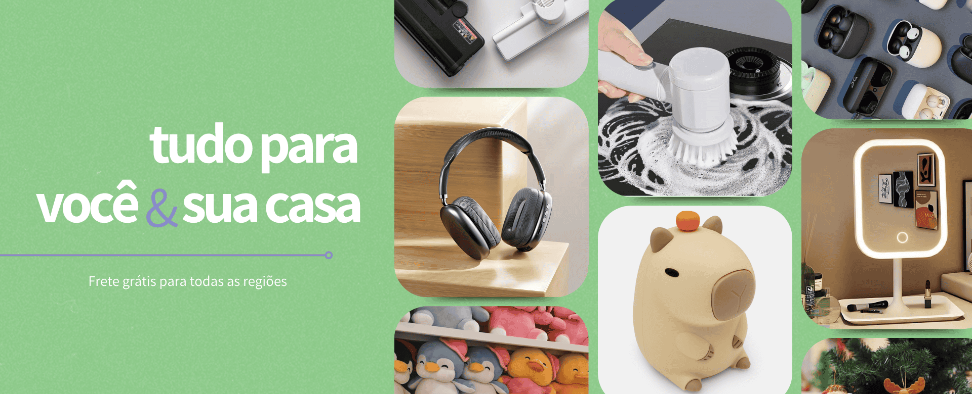 Banner com diversos produtos da Korner Shop e texto "tudo para você e sua casa / Frete grátis para todas as regiões". Os produtos ilustrados são eletrônicos, acessórios, utensílios de limpeza, luminárias temáticas, pelúcias, espelho, etc.