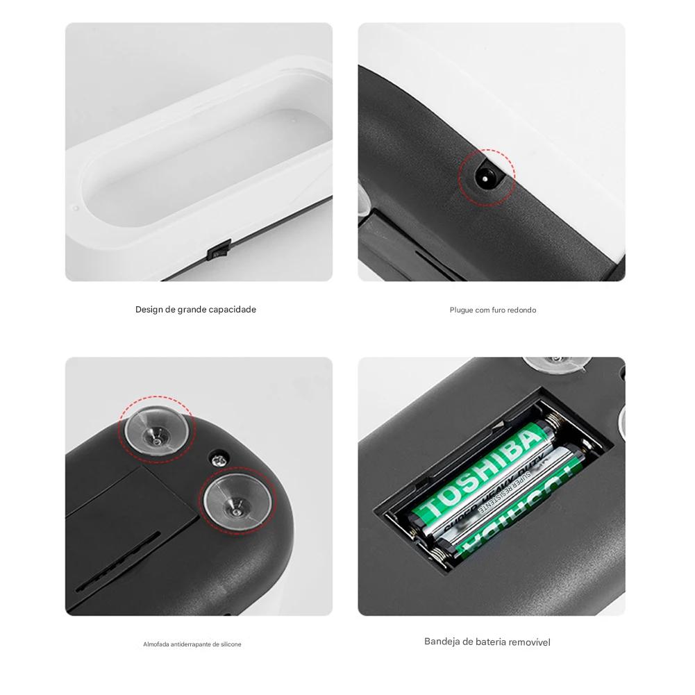 Imagem mostrando uma lavadora portátil com bateria removível, design de grande capacidade, plugue com furo redondo, almofada antiderrapante de silicone e pilhas.