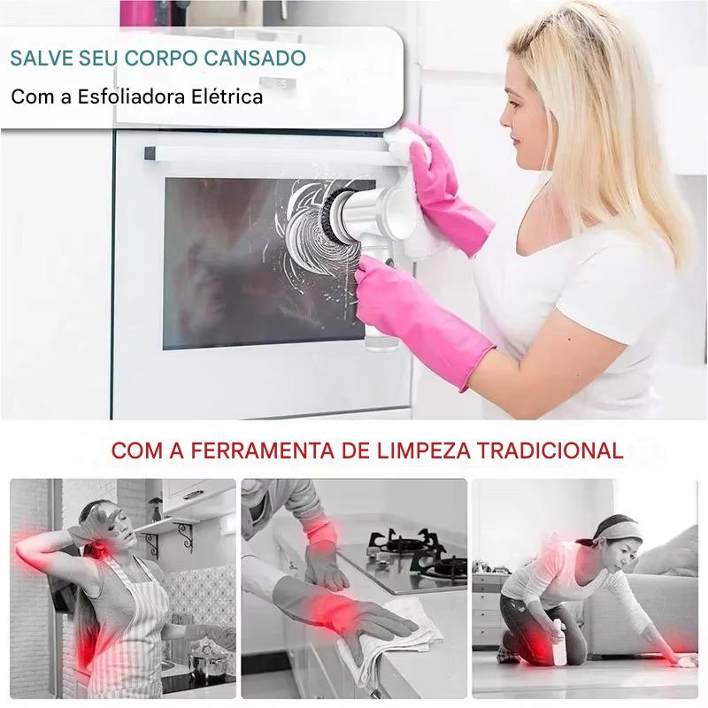 Imagem de uma mulher usando uma escova de limpeza elétrica para limpar a cozinha, com destaque à tecnologia de esfregão elétrico para cuidado eficaz da casa.