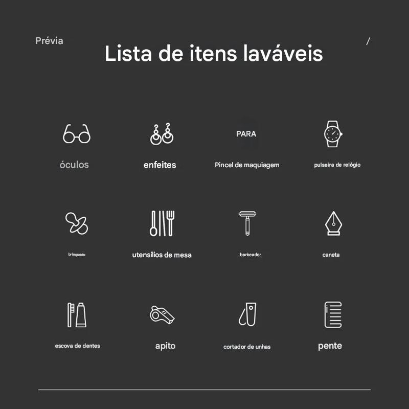 Lista de itens laváveis pela lavadora portátil ultrassônica, incluindo óculos, brincos, pincel de maquiagem, pulseira de relógio, brinquedo, utensílios de mesa, barbeador, caneta, escova de dentes, apito, cortador de unhas e pente.