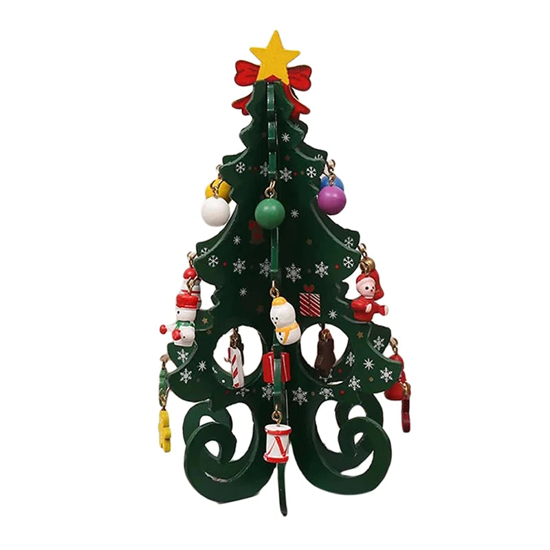 Mini árvore de Natal decorativa com pequenos enfeites coloridos, laço vermelho, estrela dourada na ponta e pacote de presentes, ideal para decoração natalina.