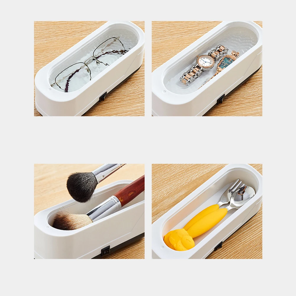 Mini lavadora de acessórios em quatro imagens, contendo óculos, relógios, pinceis de maquiagem, talheres e utensílios domésticos, ideal para limpeza.