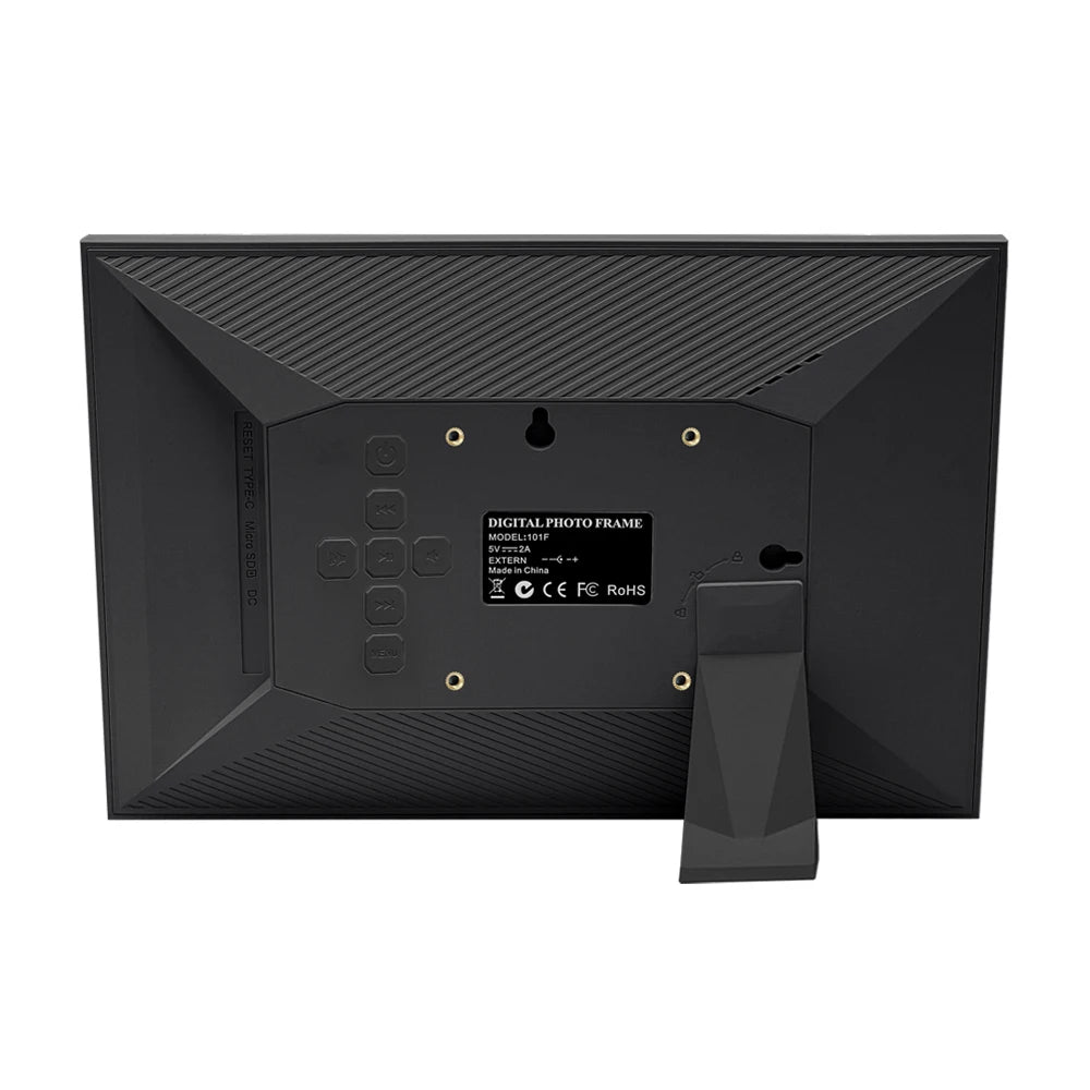 Fundo da tela digital de moldura de foto digital preto, com suporte ajustável na parte traseira, adequado para exibir fotos ou imagens digitais.