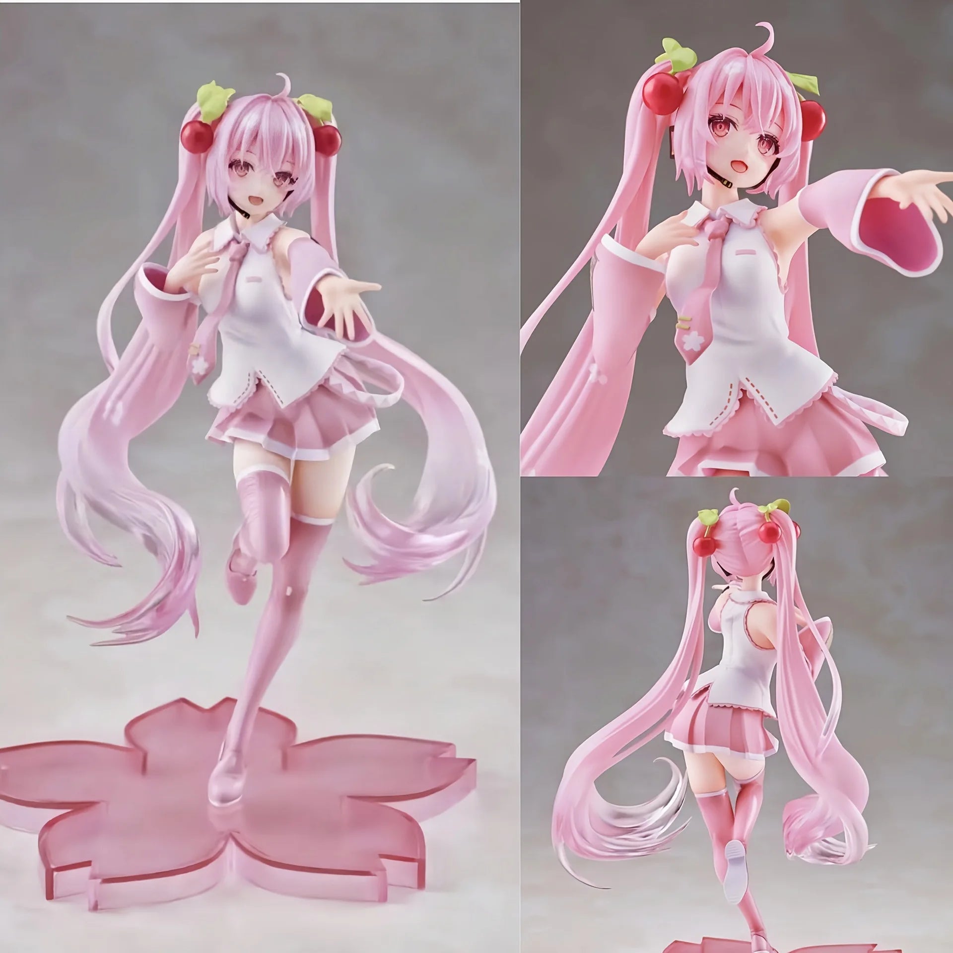 Figura de uma personagem anime Hatsune Miku Sakura com cabelo rosa, vestida com roupa fofa em tons de rosa e branco, com acessórios de cereja na cabeça, posando animadamente.