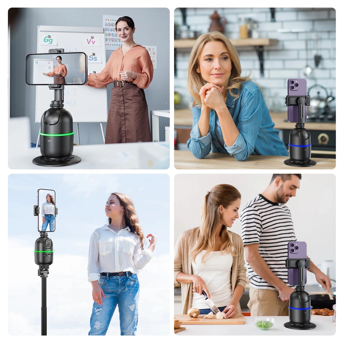 Diferentes pessoas usando um robô de selfie portátil para tirar fotos em diversos ambientes em 360 graus, incluindo sala de aula, cozinha e ao ar livre, mostrando a versatilidade do equipamento.