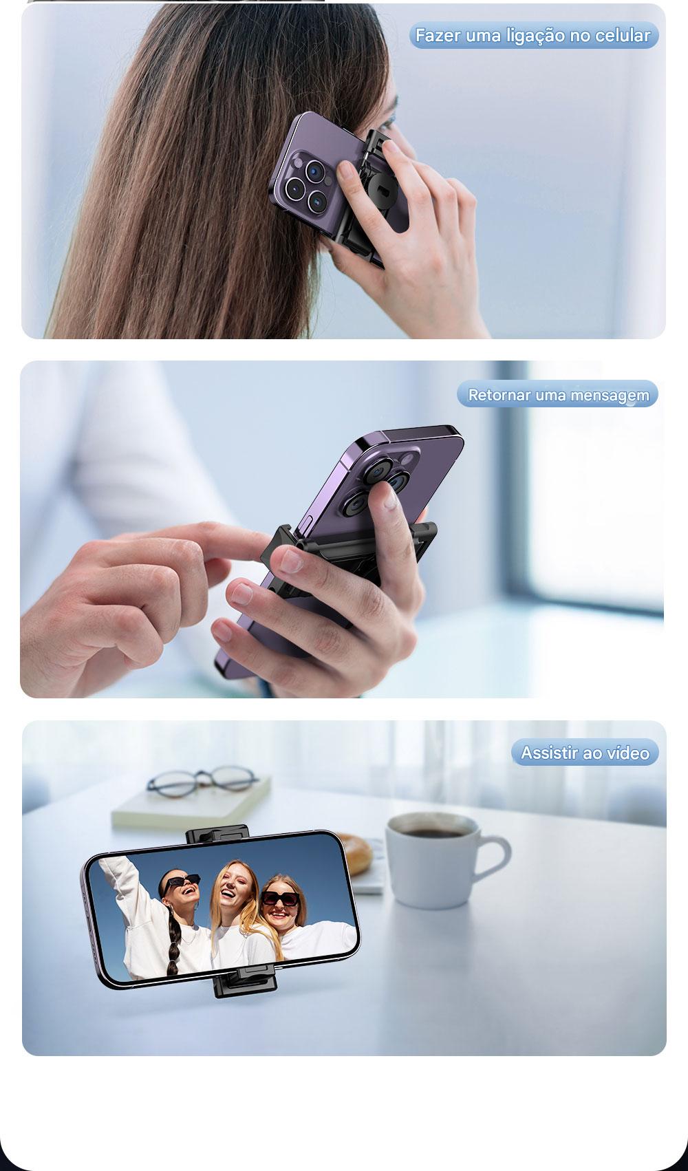 Demonstração de suporte de celular que permite fazer uma ligação no celular, retornar mensagens e assistir vídeos usando um smartphone com suporte móvel.