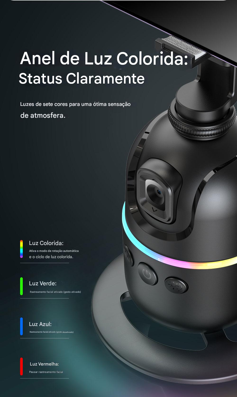 Imagem de um suporte de celular inteligente com luz de cores diferentes, destacando a luz colorida, luz verde, azul e vermelha para indicações de status, com foco em tecnologia moderna.