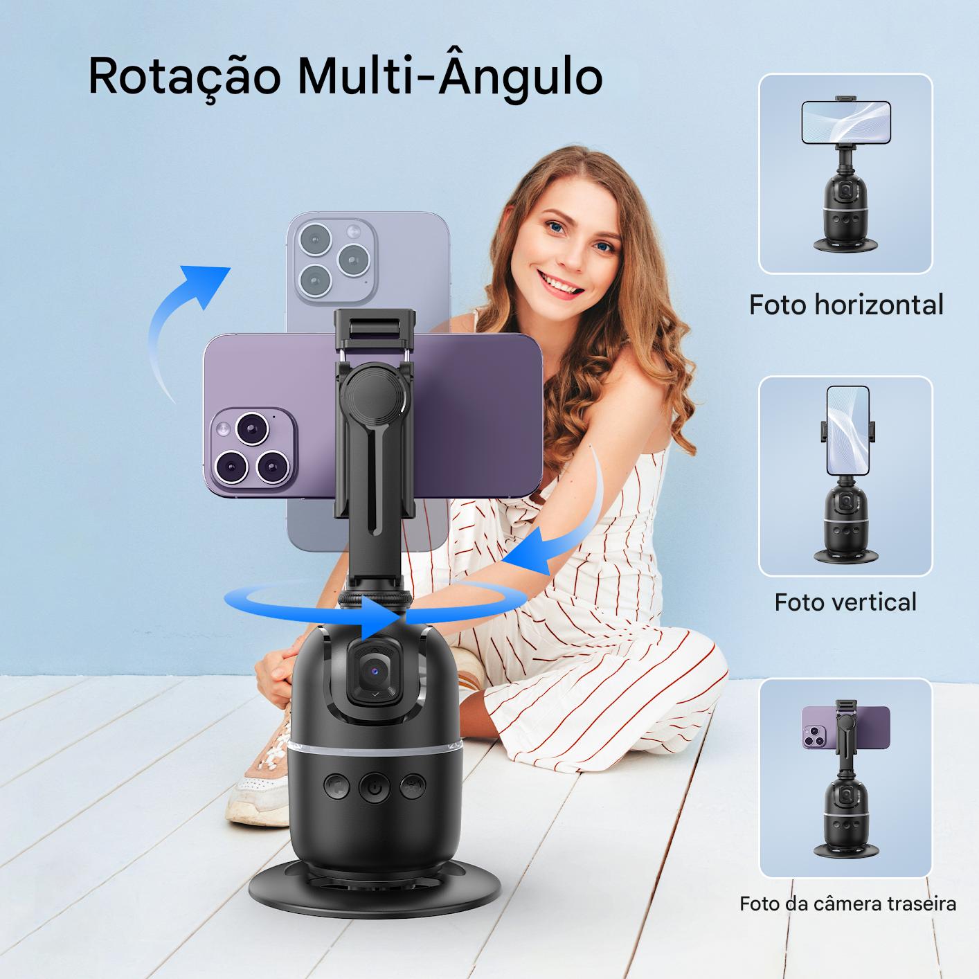 Mulher posando com celular usando suporte de rotação multi-ângulo, ideal para fotos horizontais, verticais e de câmera traseira, em ambiente bem iluminado.